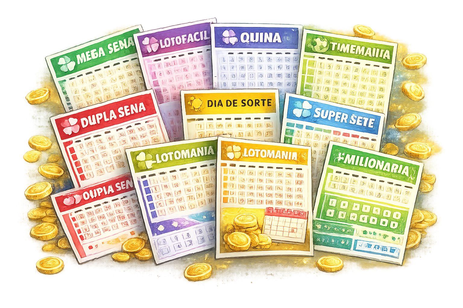 Mega-Sena, Lotofácil, Quina, Lotomania, Timemania, Dupla Sena, Dia de Sorte, Super Sete, +Milionária